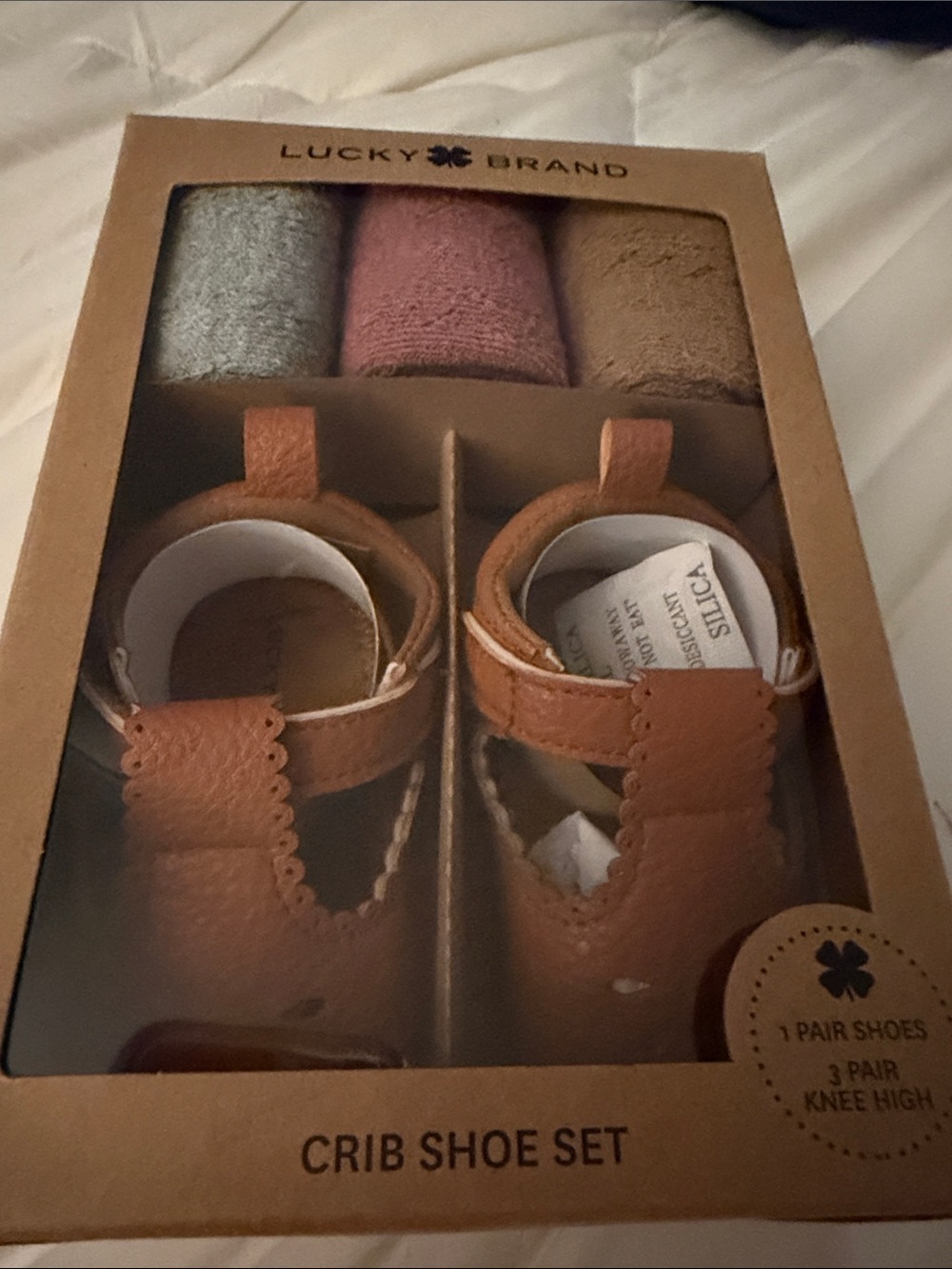 Crib Shoe Set One pair brown Lucky Brand & 3 Pair Knee Highs 6-9 months